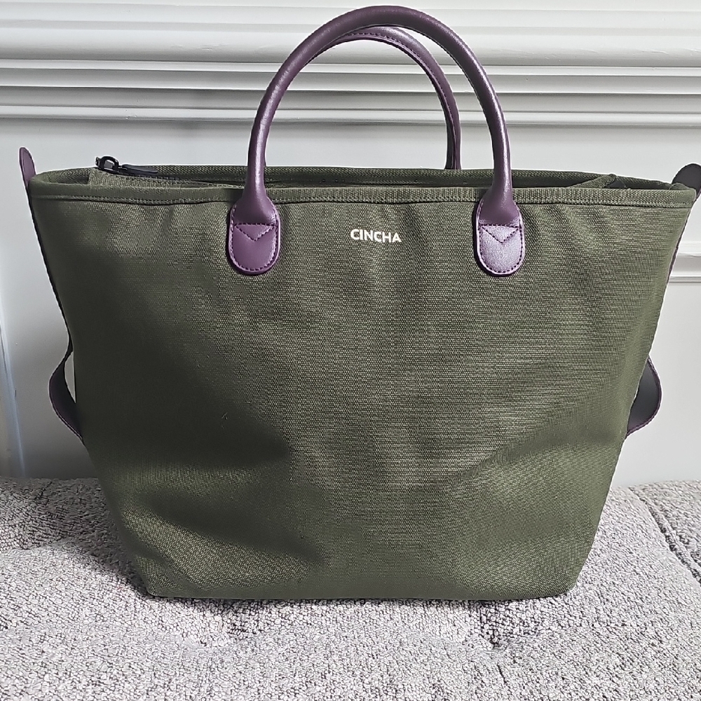 Cincha Olive Green Tote Bag with Purple Handles